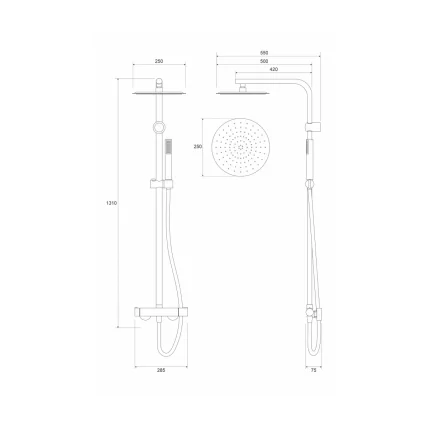Baterija i usponski tuš COPEN NOOK hrom okrugli set C 01 112CR tehnicki crtez dimenzije