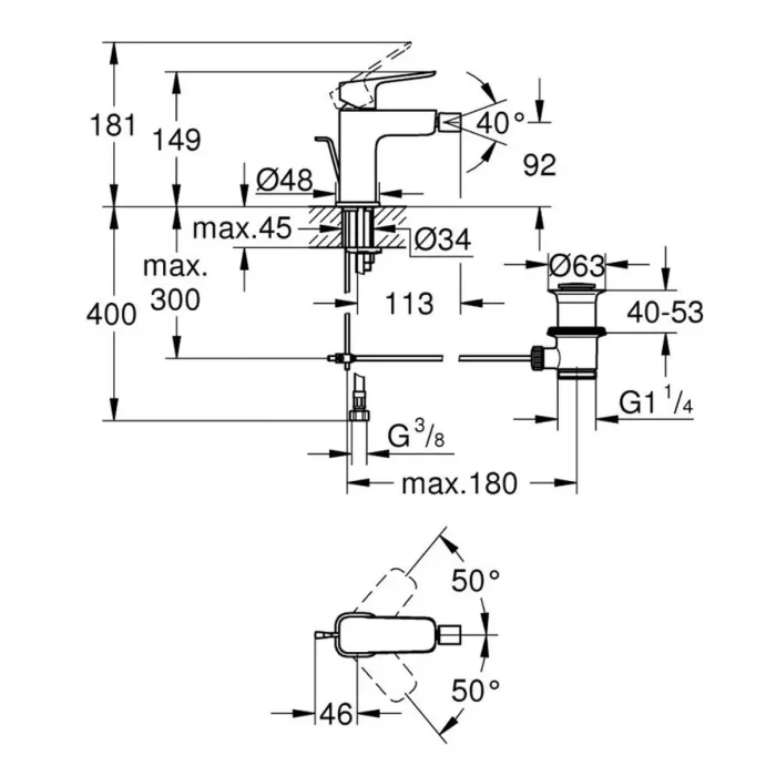 Baterija za bide GROHE CUBEO tehnicki crtez dimenzije