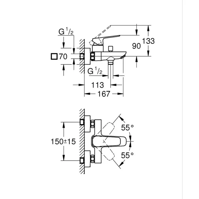 Baterija za kadu GROHE CUBEO matt black 1018132430 tehnicki crtez dimenzije