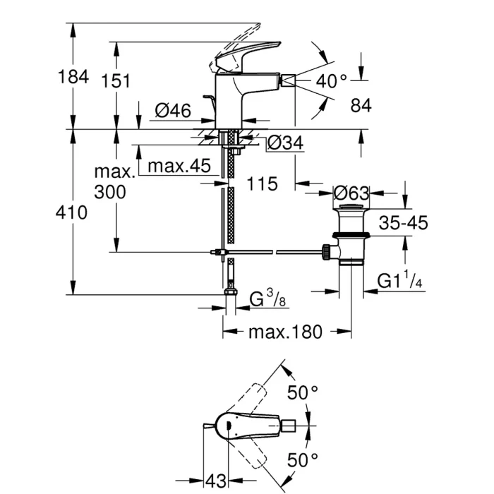 GROHE Eurosmart Baterija za bide 32929003 tehnicki crtez dimenzije