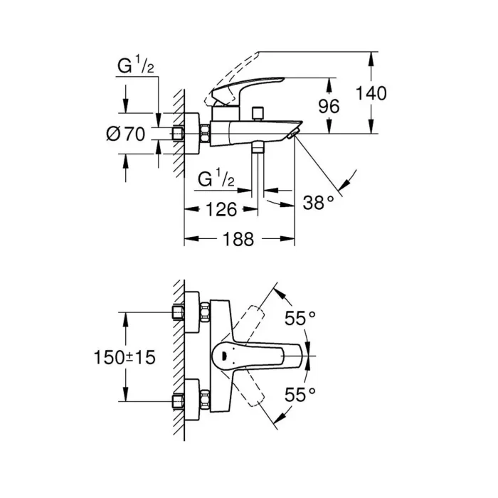 GROHE Eurosmart Baterija za kadu 33300003 tehnicki crtez dimenzije