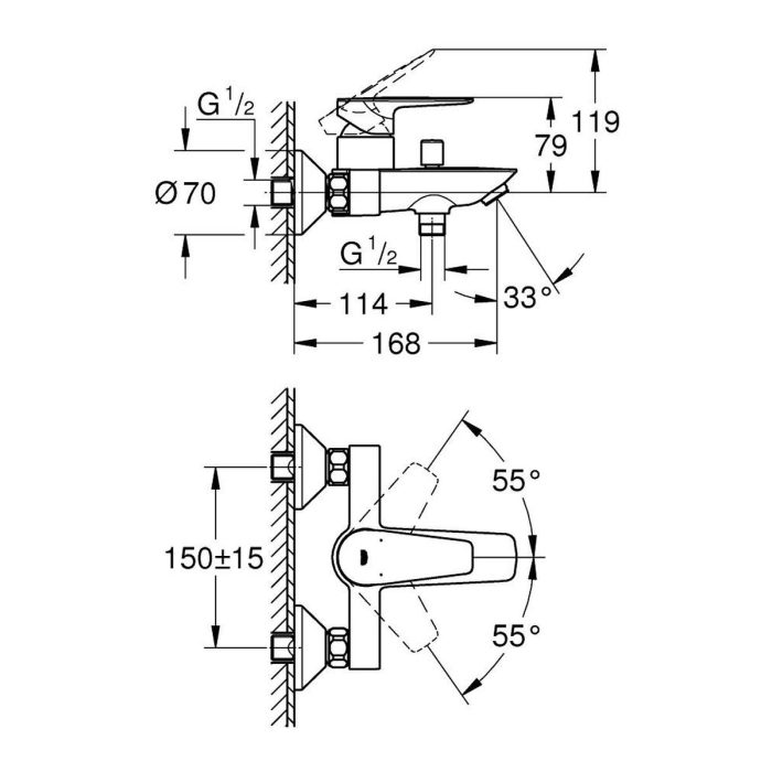 Grohe Bauedge Baterija za kadu 23604001 tehnički crtež dimenzije
