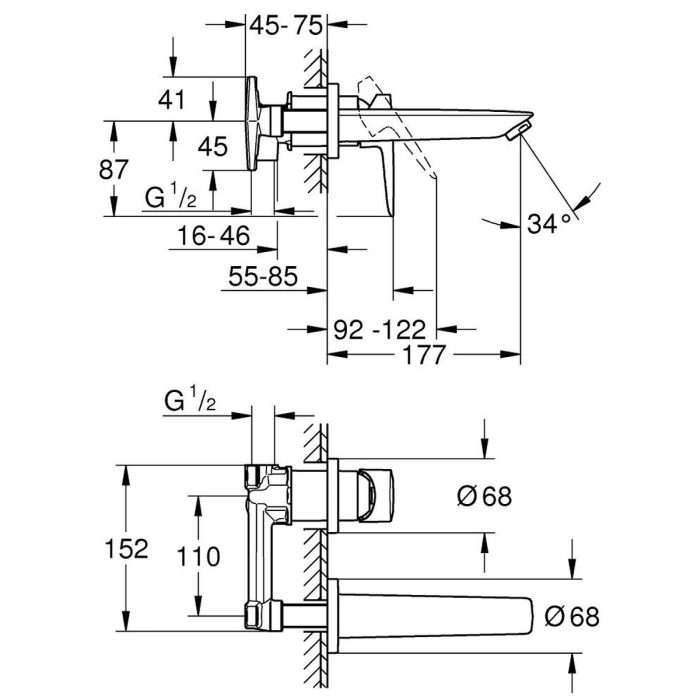 Grohe Bauedge M Ugradna baterija za lavabo tehnički crtez dimenzije