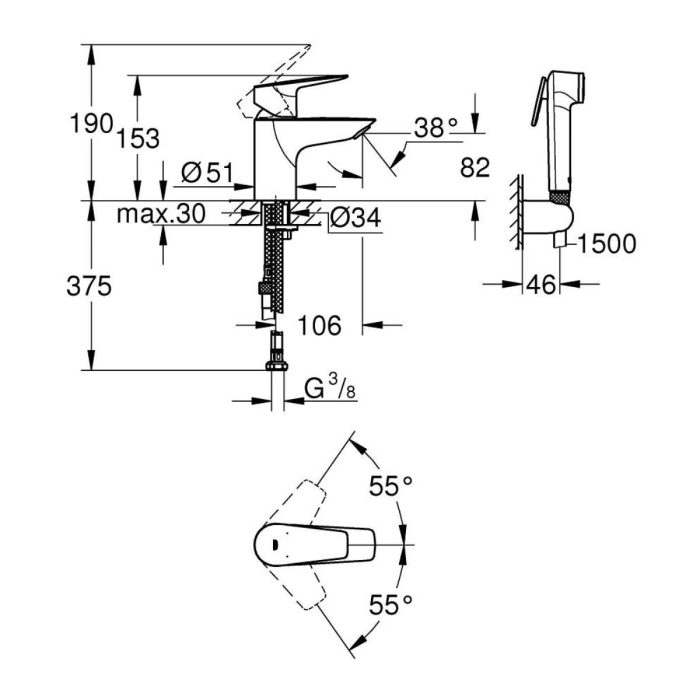 Grohe Bauedge S Baterija za lavabo sa higijenskom ručicom tehnički crtež dimenzije