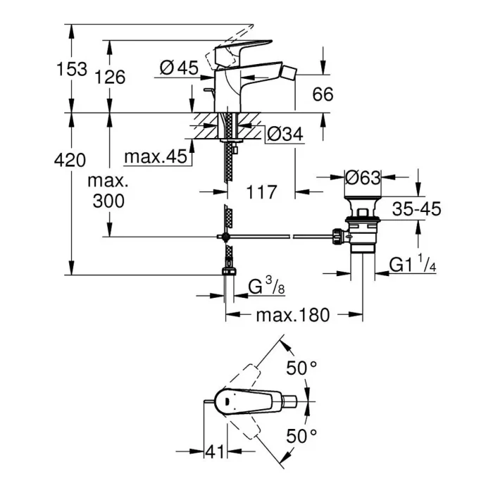 Grohe Bauedge baterija za bide 23331001 tehnicki crtez dimenzije