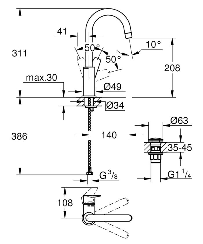 Grohe Bauedge baterija za lavabo L 23911001 tehni;ki crtež dimenzije