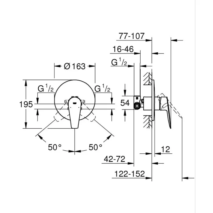 Grohe Bauedge ugradna baterija komplet samaskom bez prebacivača tehnicki crtez dimenzije