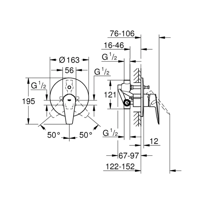 Grohe Bauedge ugradna baterija komplet samaskom sa prebacivačem 2F 29079001 tehnicki crtez dimenzije