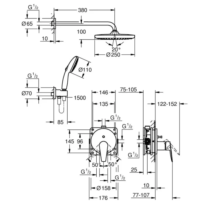 Grohe Bauedge ugradni set sa Tempesta tušem250mm 2F 25290000 tehnicki crtez dimenzije
