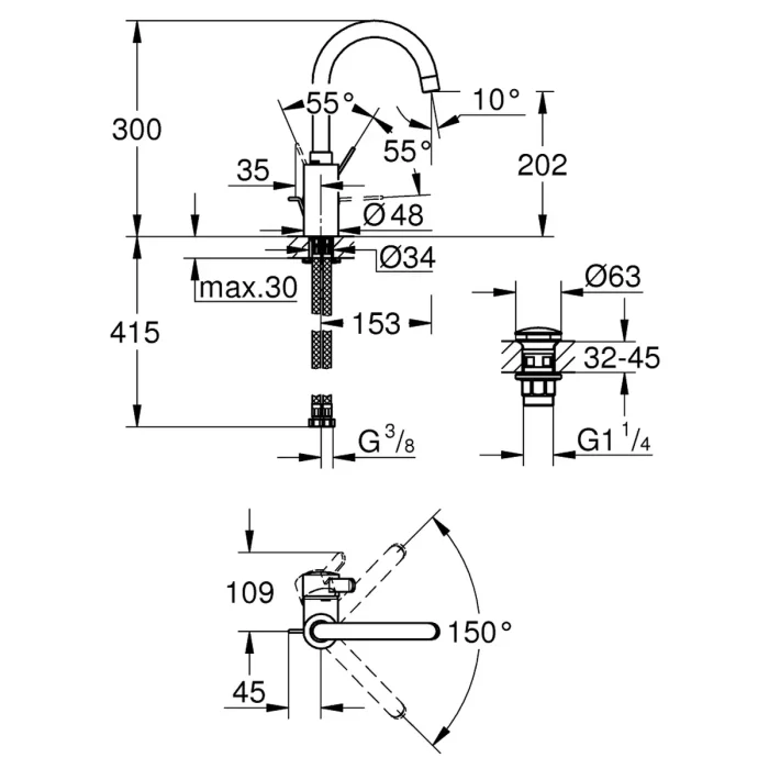 Jednoručna Baterija za lavabo GROHE EUROSMART COSMOPOLITAN L 23933001 tehnicki crtez dimenzije