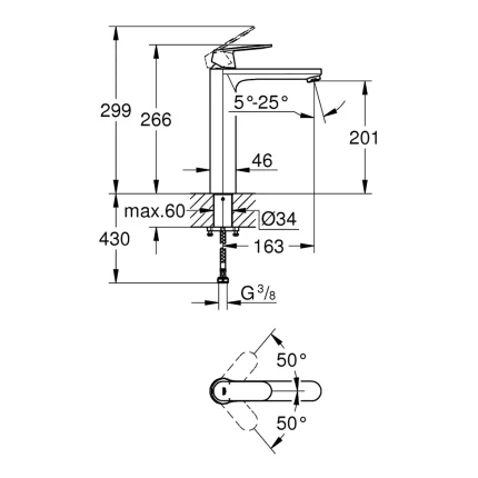 Jednoručna Baterija za lavabo GROHE EUROSMART COSMOPOLITAN XL 23921000 tehnicki crtez dimenzije