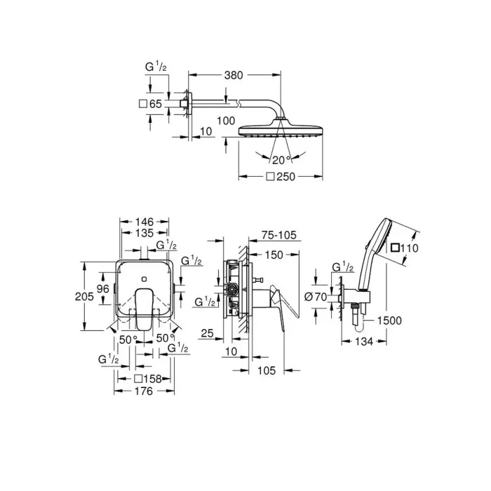 Ugradni set GROHE CUBEO sa Tempesta tuš ružom 250 mm 2F matte black 1053362430 tehnicki crtez dimenzije
