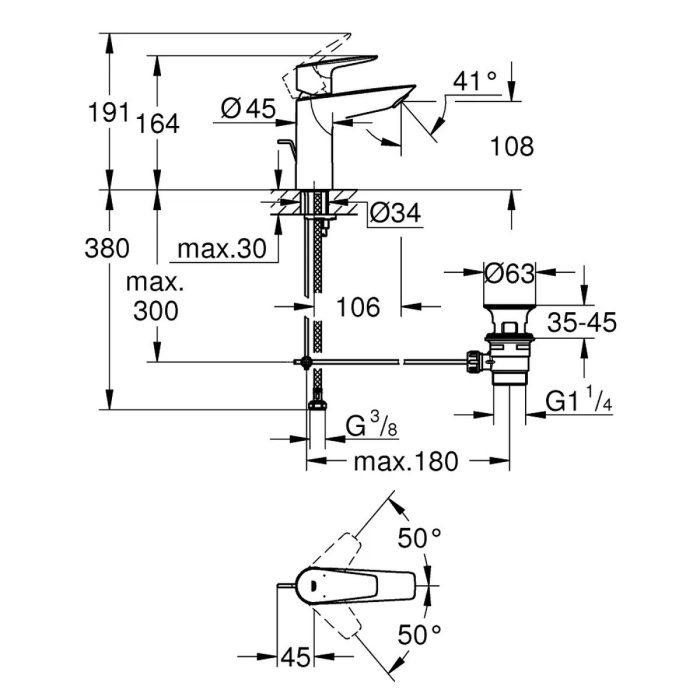 grohe bauedge baterija za lavabo m 23758001 tehnicki crtez dimenzije