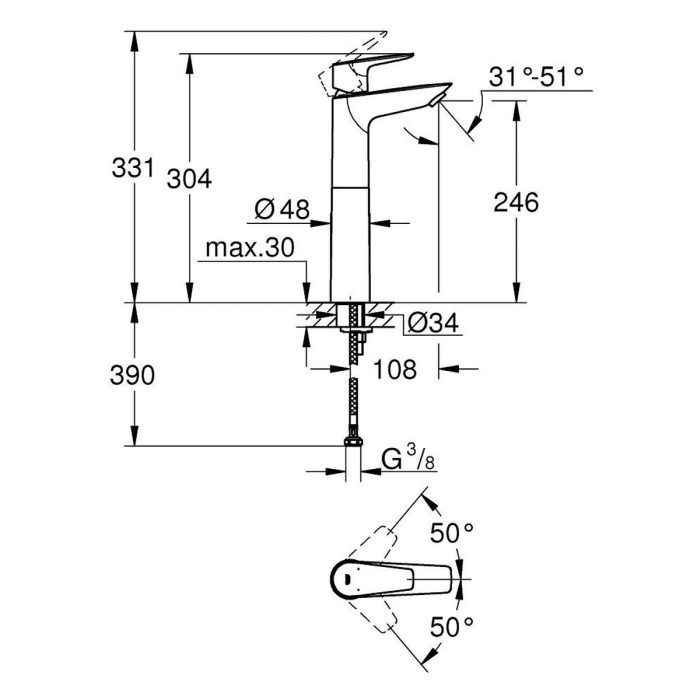 grohe bauedge baterija za lavabo xl 23761001 tehnički crtež dimenzije