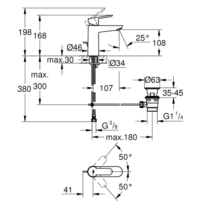 grohe bauedge m baterija za lavabo 23758000 tehnicki crtez dimenzije