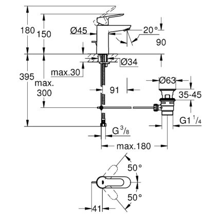 grohe bauedge s jednorucna baterija za lavabo 23328000 tehnicki crtez dimenzije