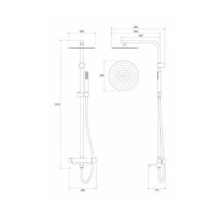 Baterija i usponski tuš sa izlivom COPEN NOOK brušeno zlato okrugli set C 01 110BTG tehnicki crtez dimenzije