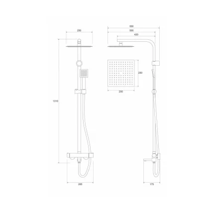 Baterija i usponski tuš sa izlivom COPEN NOOK hrom četvrtasti set C 01 111CR tehnicki crtez dimenzije