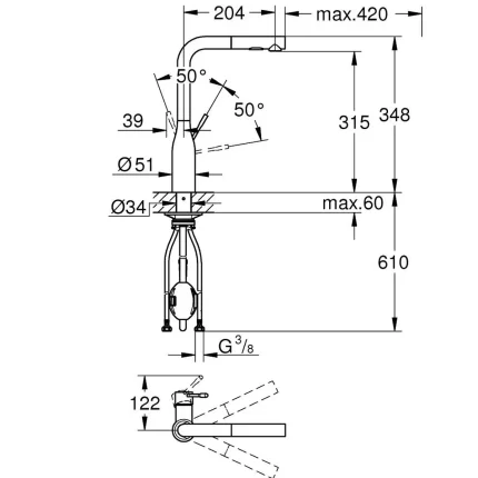Baterija za sudoperu GROHE ESSENCE L sa izvlačećim tušem 2F hard graphite 30504A00 tehnicki crtez dimenzije