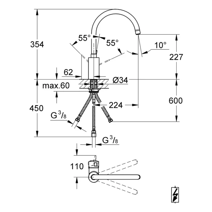 Baterija za sudoperu GROHE EUROSMART COSMOPOLITAN 3 cevi 31180000 tehnicki crtez dimenzije