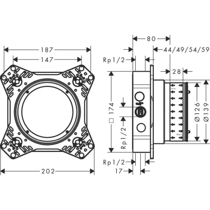 Hansgrohe Ibox Universal 2 Ugradno Telo 01500180 tehnicki crtez dimenzije