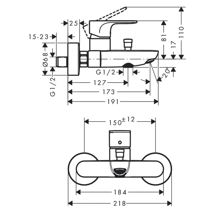 Hansgrohe Rebris S baterija za kadu 72440000 tehnicki crtez dimenzije