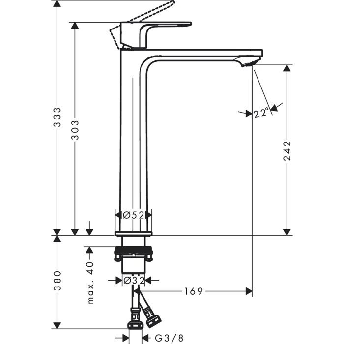 Hansgrohe Rebris S baterija za umivaonik 72582000 tehnicki crtez dimenzije