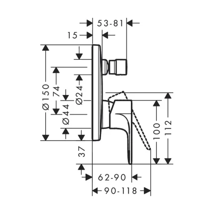 Hansgrohe Rebris S mešač sa prebacivačem 72466000 tehnicki crtez dimenzije