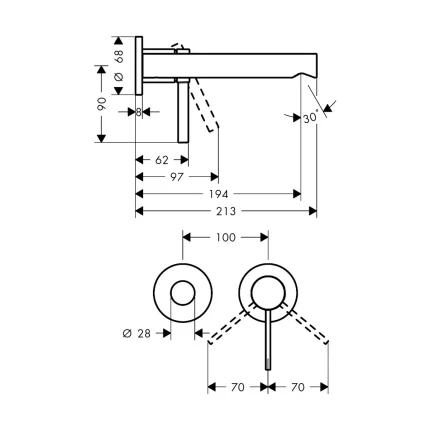 Hansgrohe Zesis S ugradna baterija za umivaonik 74750000 tehnicki crtez dimenzije