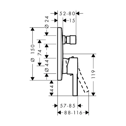 Hansgrohe Zesis mešač sa prebacivačem tehnicki crtez dimenzije