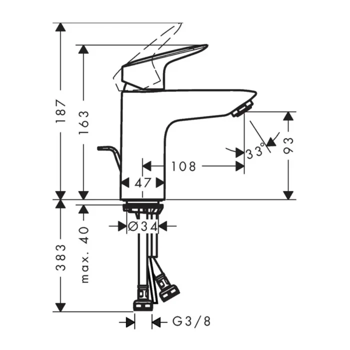 Hansgrohe Logis 100 baterija za lavabo 71100000 tehnicki crtez dimenzije