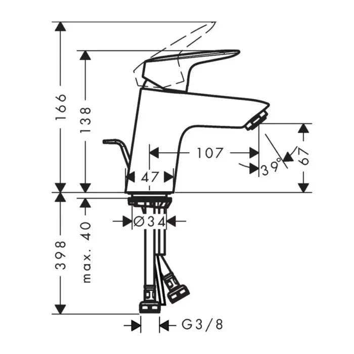 Hansgrohe Logis 70 baterija za lavabo 71070000 tehnicki crtez dimenzije