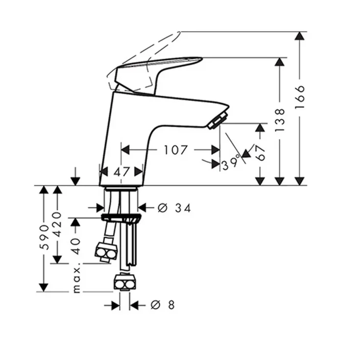 Hansgrohe Logis 70 baterija za lavabo sa 3 cevi 71074000 tehnicki crtez dimenzije