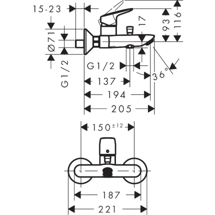Hansgrohe Logis baterija za kadu 71400000 tehnicki crtez dimenzije