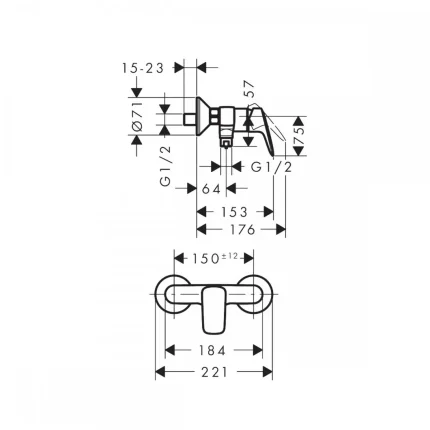 Hansgrohe Logis baterija za tuš kabinu 71600000 tehnicki crtez dimenzije